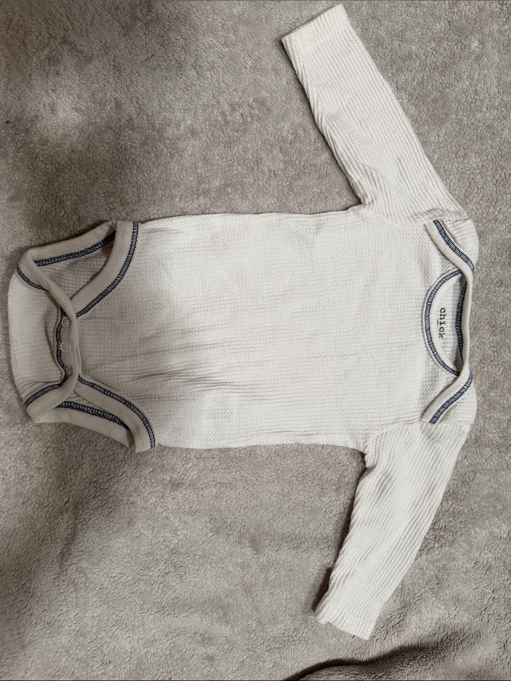 chick pea Cream Long Sleeve Ribbed Baby Bodysuit with Blue Trim